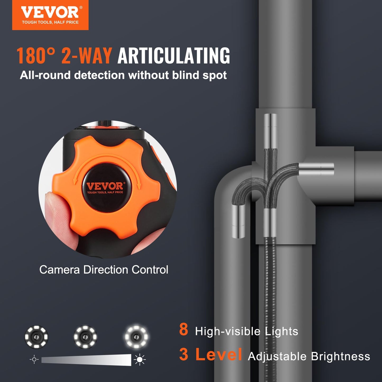 Borescope Endoscope Two-Way 180° Articulating 5" IPS 8X Zoom 6.4mm Lens, 3.3ft Cable - Image 3
