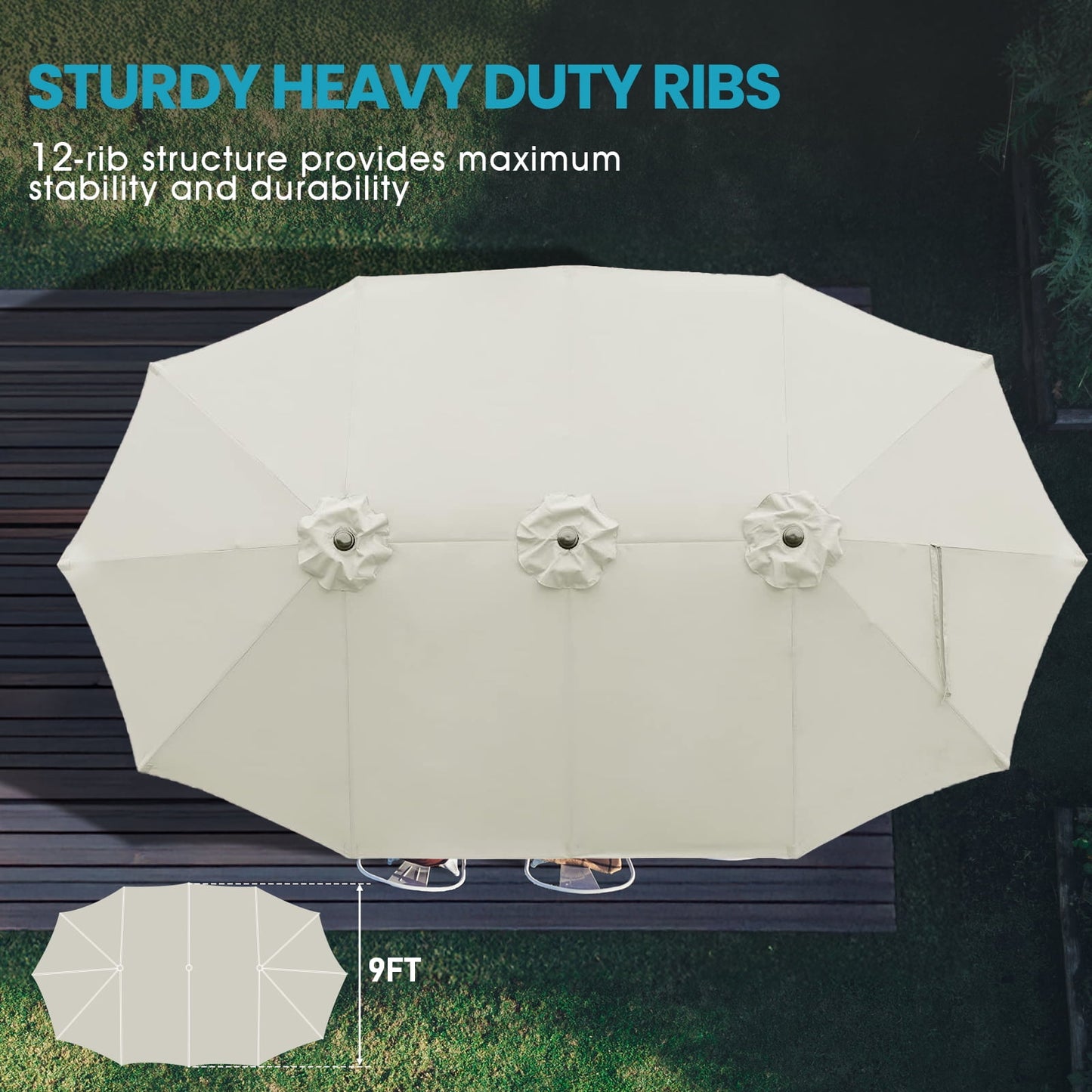 15 ft. Patio Double Sided Umbrella Outdoor with Base Stand Beige - Image 5
