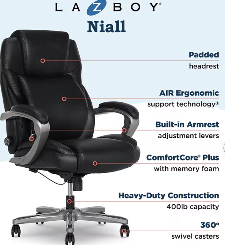 La-Z-Boy Niall AIR Lumbar Pro+ Ergonomic Vegan Leather Executive Big & Tall Chair - Image 5
