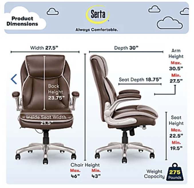 Serta Ergonomic Bonded Leather High-Back Executive Office Chair, Brown - Image 5