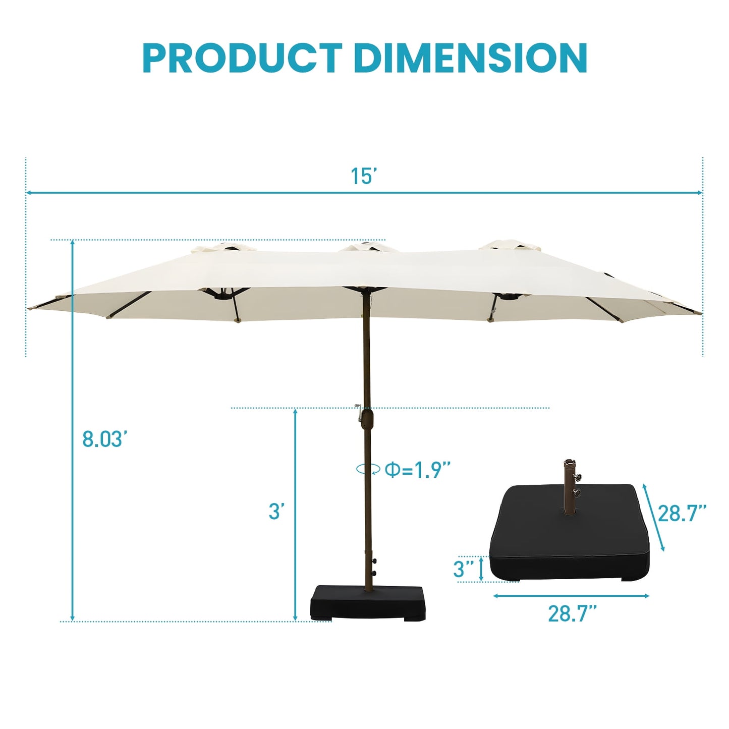 15 ft. Patio Double Sided Umbrella Outdoor with Base Stand Beige - Image 1