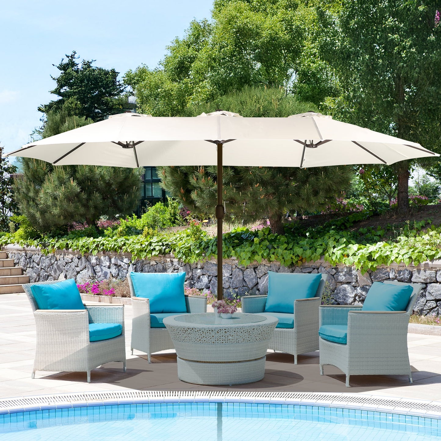 15 ft. Patio Double Sided Umbrella Outdoor with Base Stand Beige - Image 2