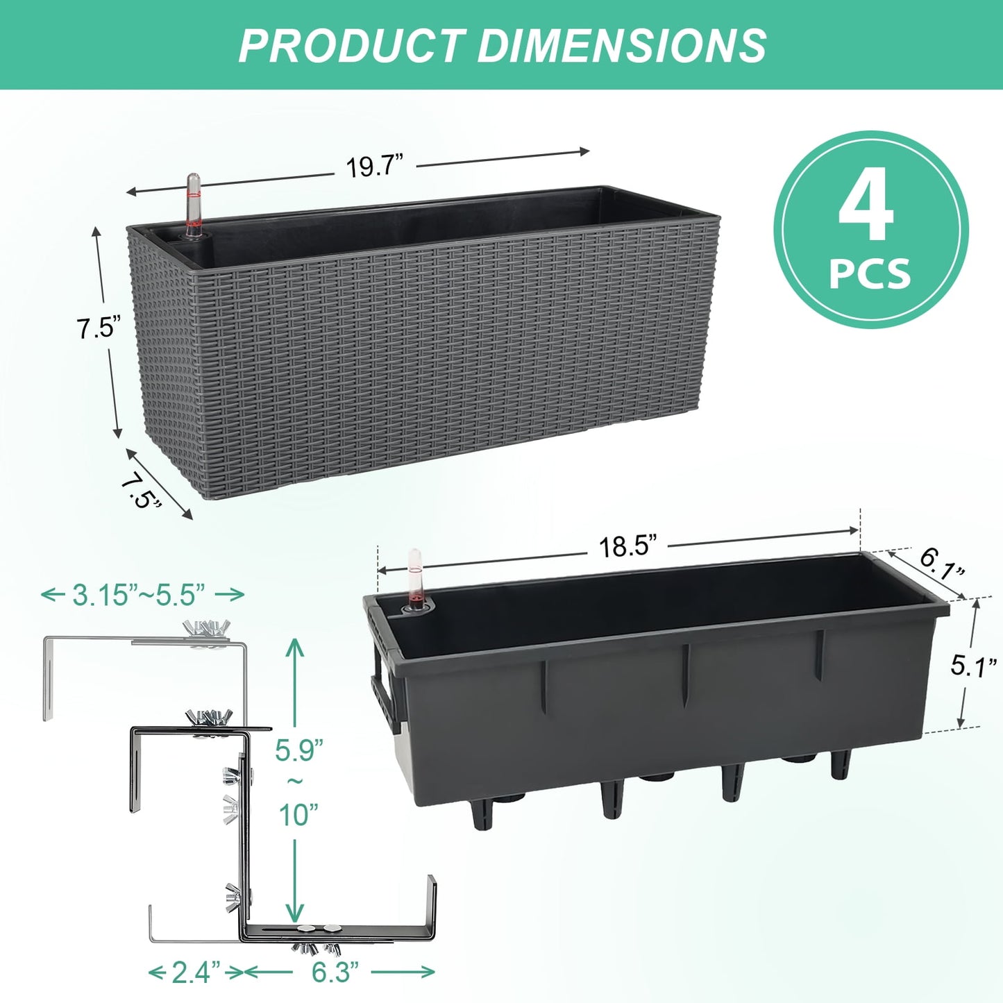 4 Pcs/ 19" Rectangular Flower Window Box Planter - Grey - Image 5