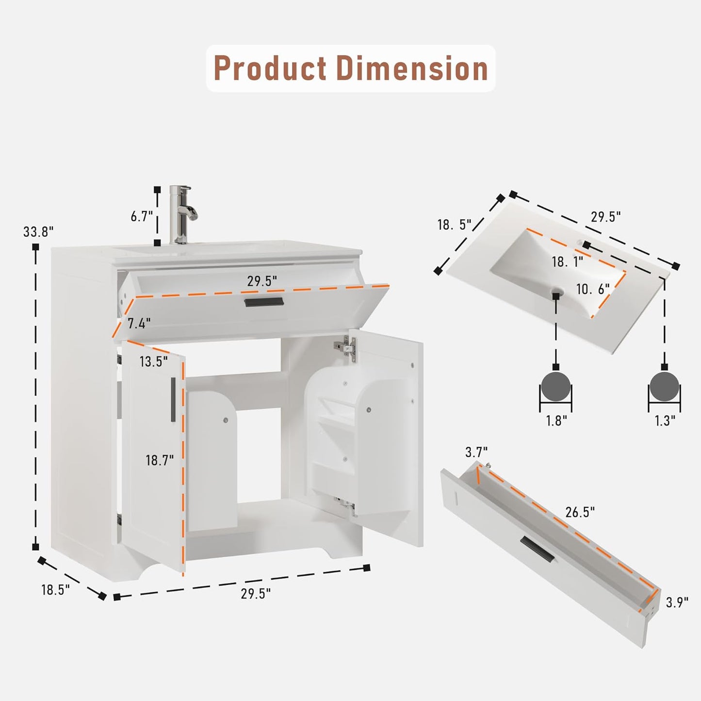 Bathroom Vanity with Ceramic Sink (30 Inch, Cabinet ONLY, White) - Image 2