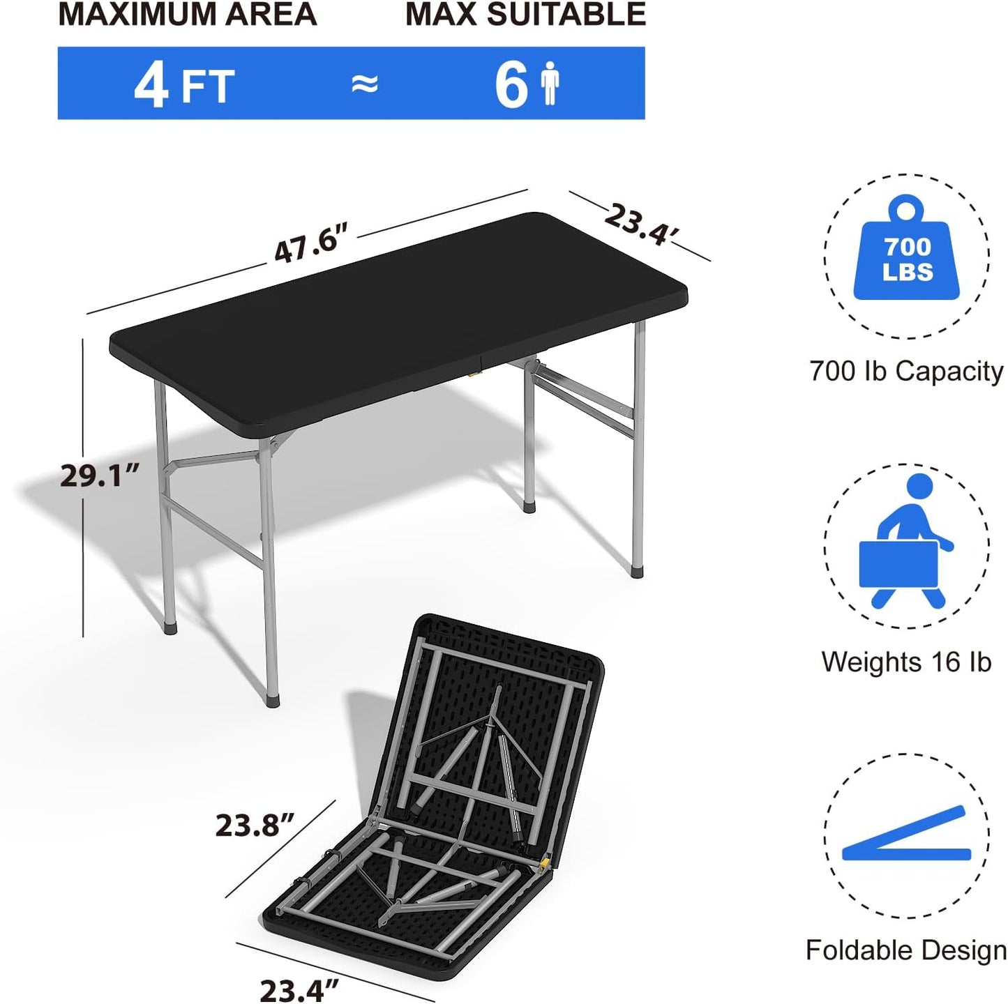 Foldable Table 4ft, Plastic Folding Table-BLACK - Image 2