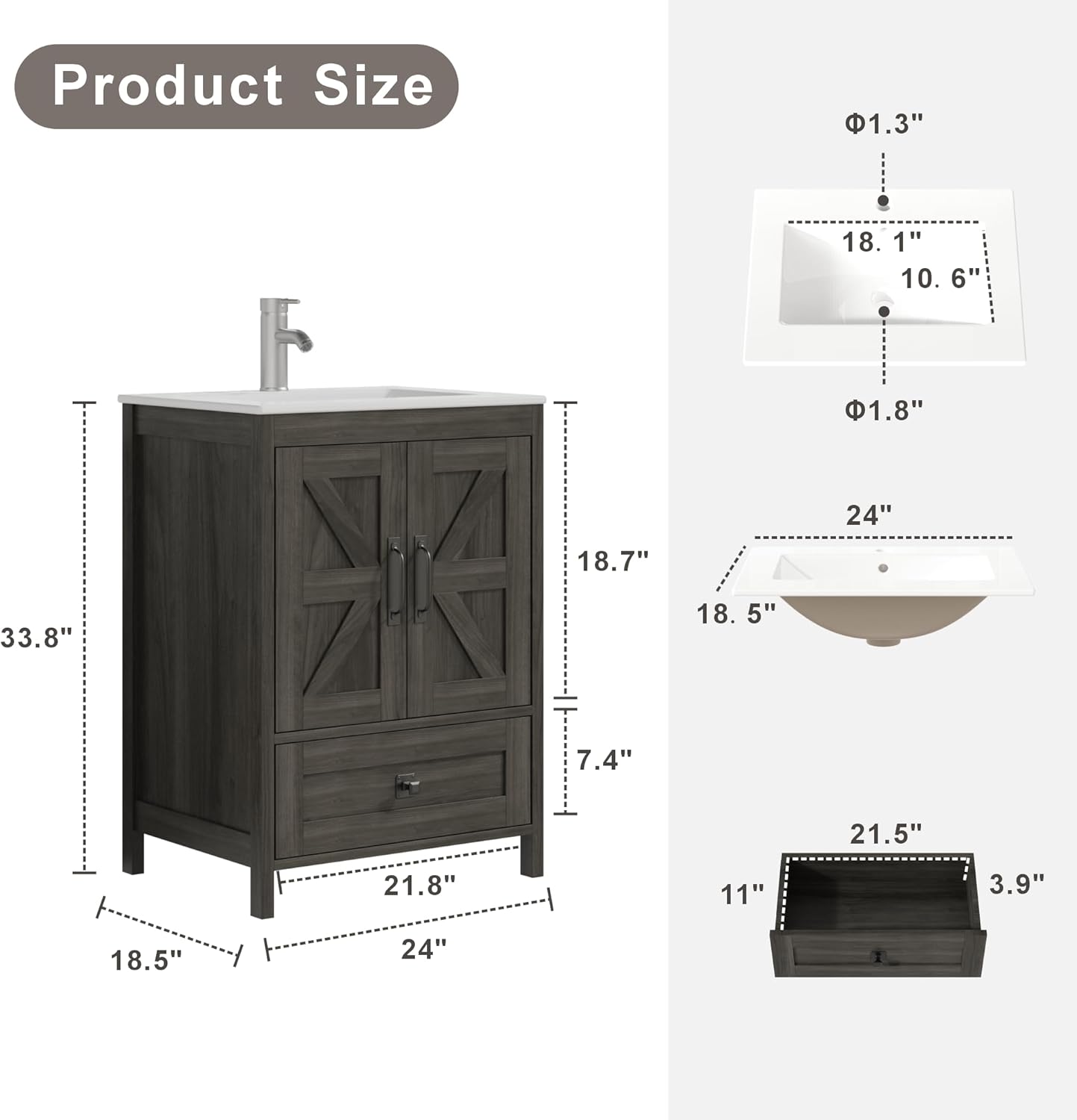 Bathroom Vanity with Ceramic Sink (24 Inch, Cabinet ONLY, Grey) - Image 2