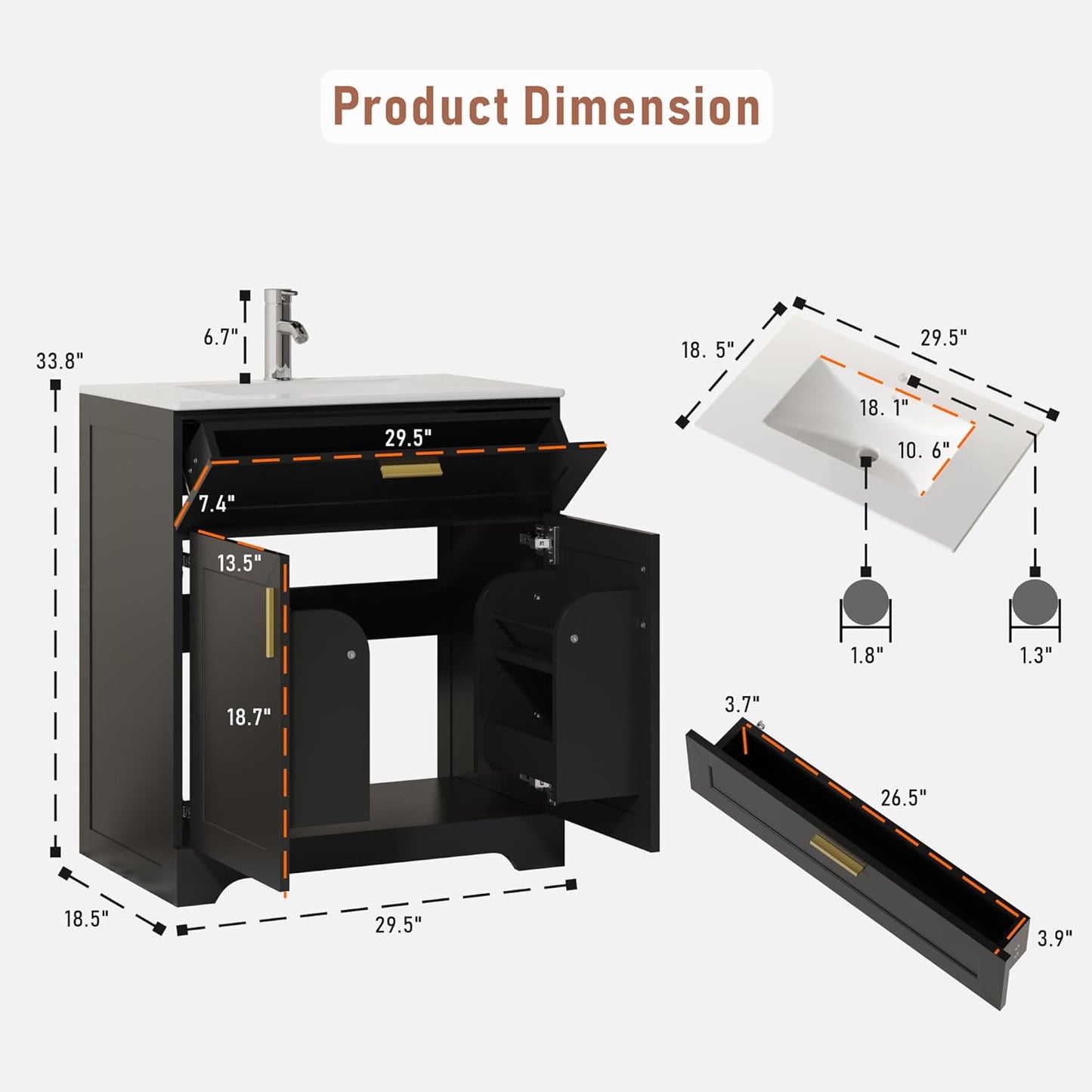 Bathroom Vanity with Ceramic Sink (30 Inch, Cabinet ONLY, Black) - Image 2