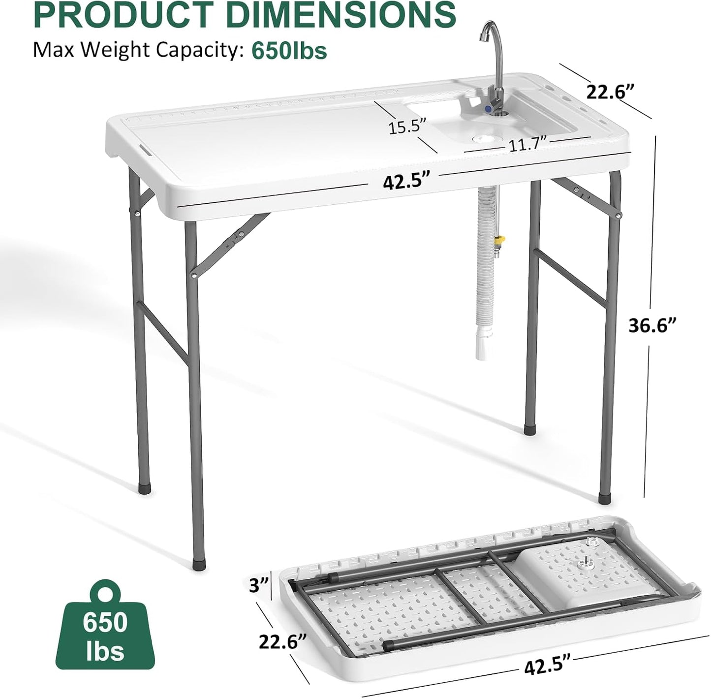 42.5" Fish Cleaning Table with Sink, Folding Camping Table & Fish Cleaning Station - Image 2
