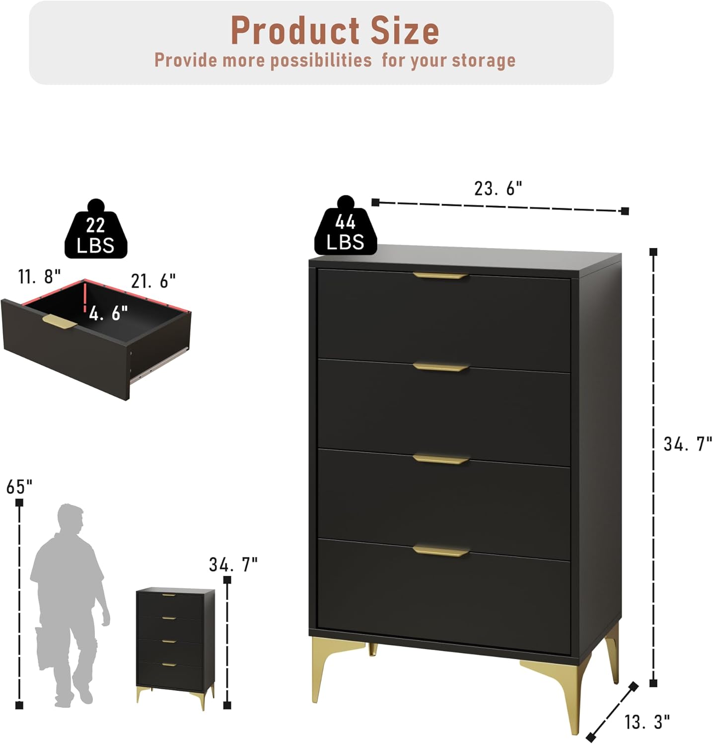 Dresser for Bedroom with 4 Drawers - Black - Image 2