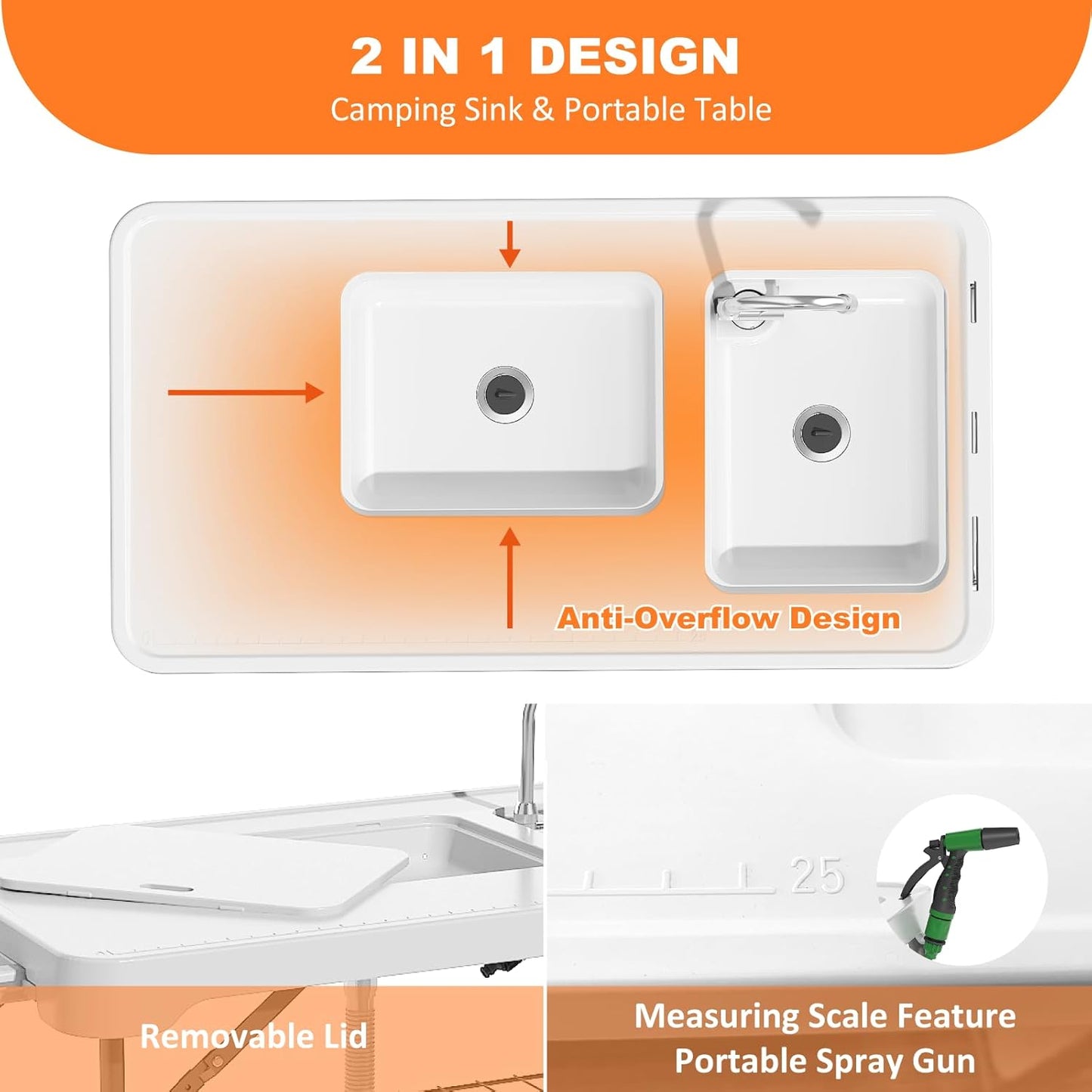 Folding Fish Cleaning Table with 2 Sinks, 42.5'' Portable Camping Sink Table - Image 7