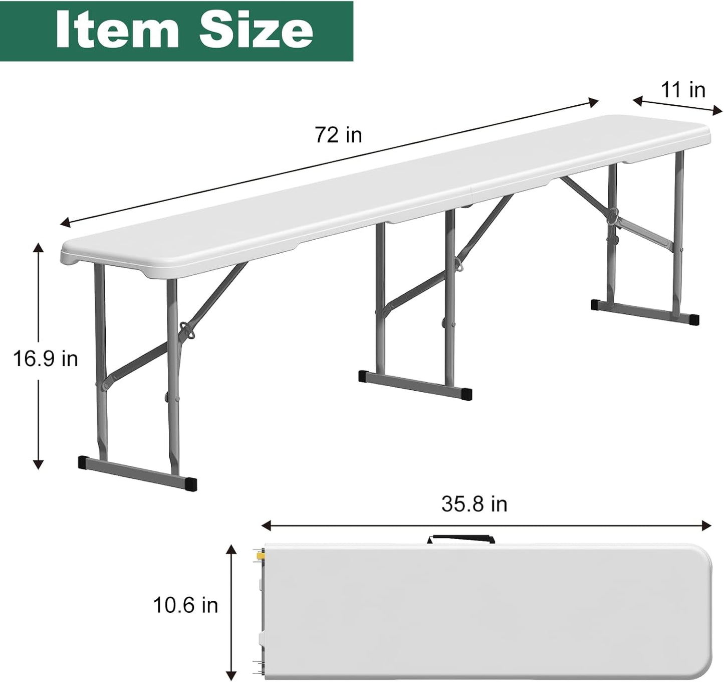 6ft Folding Bench 2 Pack, Plastic Folding Bench for Picnic Camping Dining Party Garden - Image 3