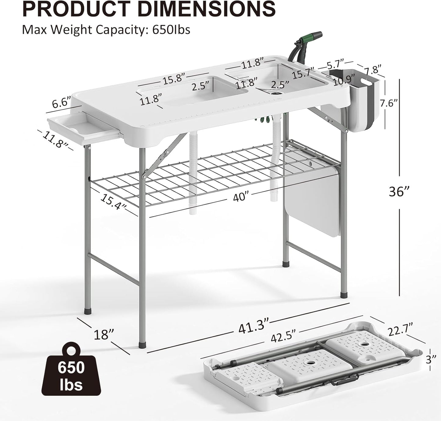42.5" Fish Cleaning Table with Dual Sink, Portable Folding Camping Table - Image 2