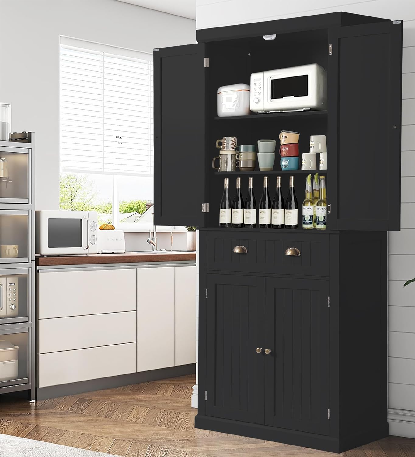 Tall Kitchen Pantry Cabinet, Farmhouse Storage Cabinet with Doors, Drawer and Adjustable Shelves - Image 8