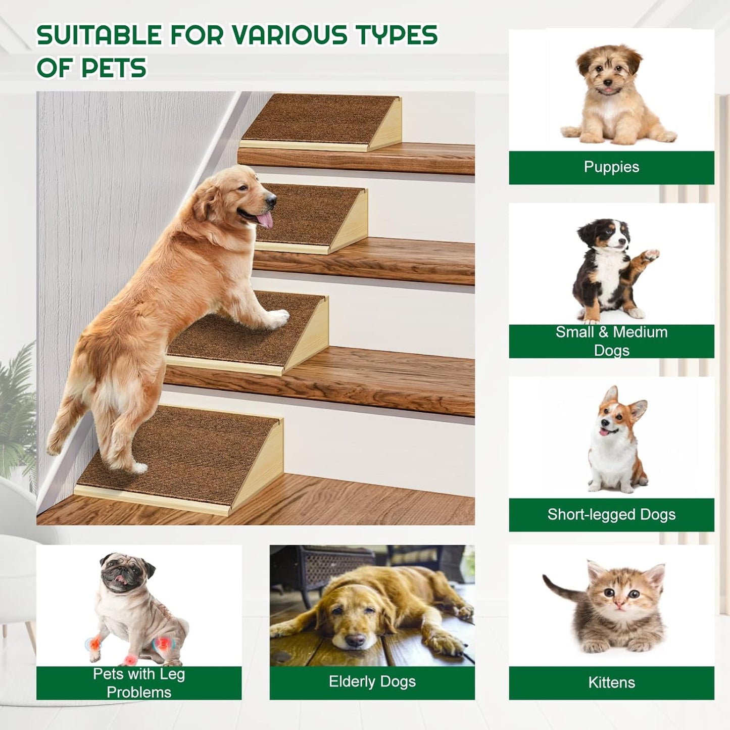 Dog Ramp for Stairs with Anti-Slip Brown Carpet, Lightweight Wooden Pet Ramp, 2 Pack - Image 4