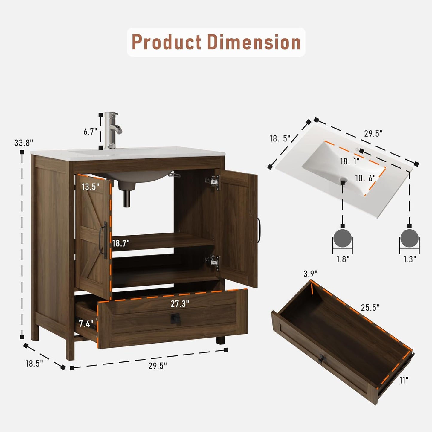 Bathroom Vanity with Ceramic Sink (30 Inch, Cabinet ONLY, Brown) - Image 2