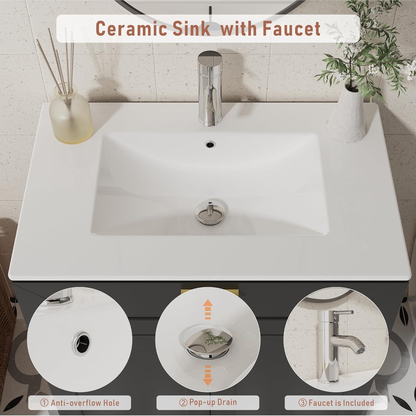 Bathroom Vanity with Ceramic Sink (30 Inch, Cabinet ONLY, Black) - Image 4