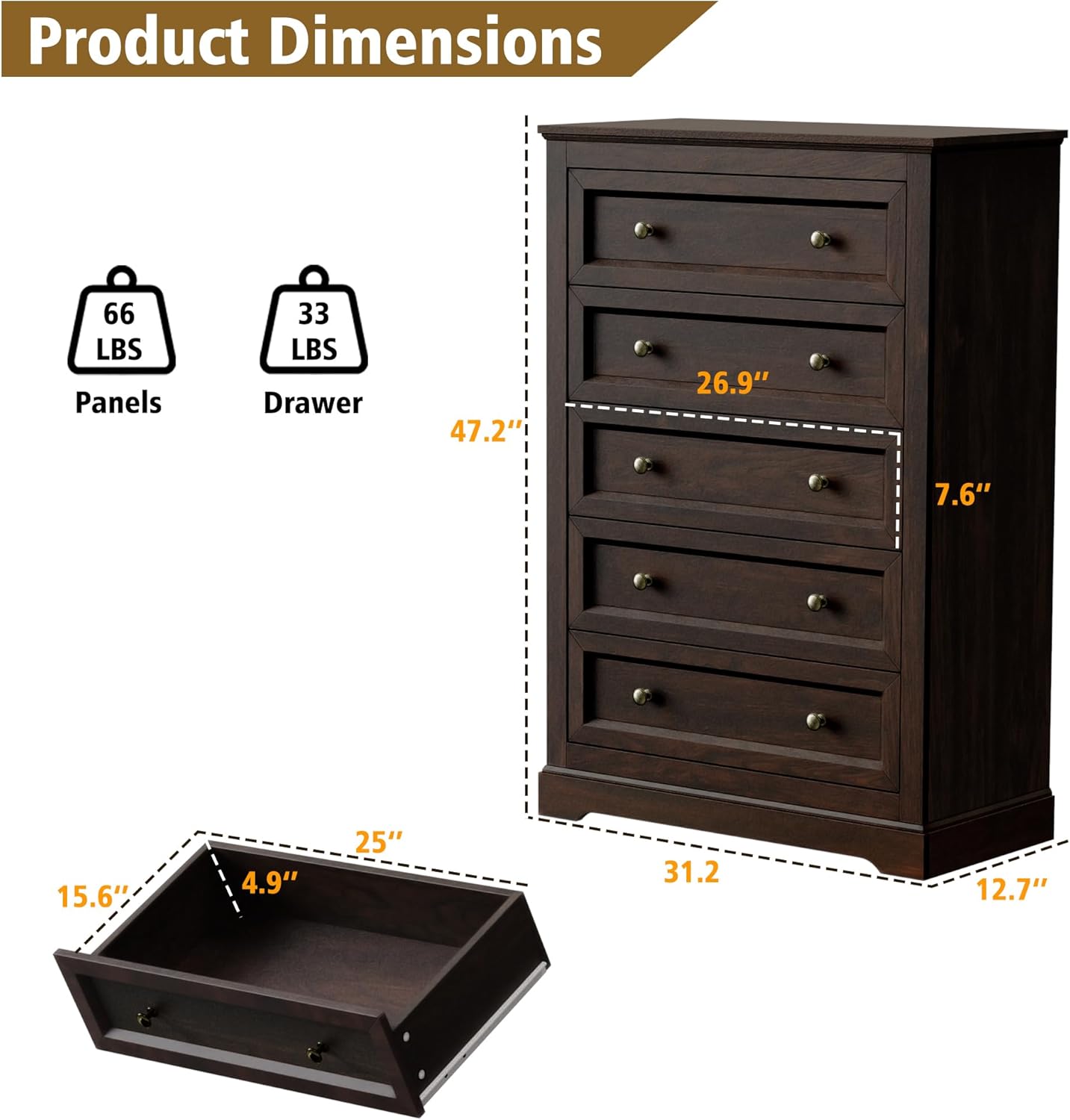 Farmhouse Dresser 5 Drawer (Brown) - Image 3