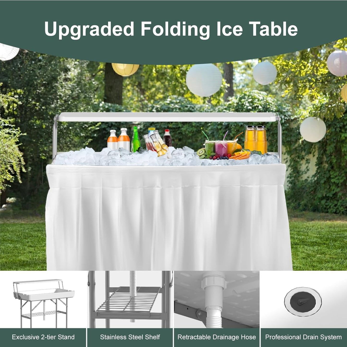 Ice Cooler Table with Drain, Two-Tier Plastic Folding Tables - Image 3