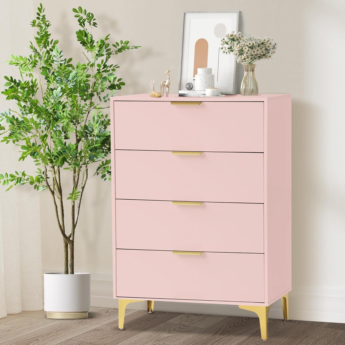 4 Drawer Dressers for Bedroom, Wood Dresser with Golden Handles - PINK - Image 8