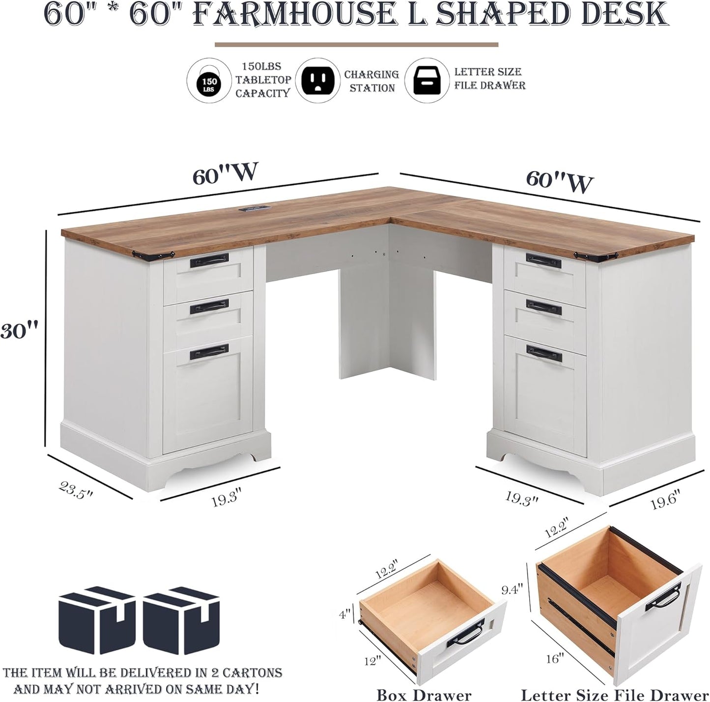 60" Farmhouse L Shaped Executive Desk with Drawers - Image 2