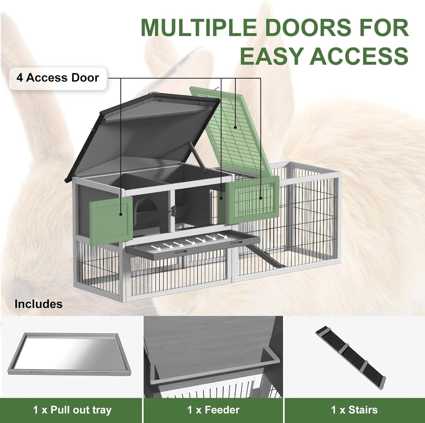 58" 2-Story Wooden Rabbit Hutch with Pull-Out Tray & Weatherproof Roof