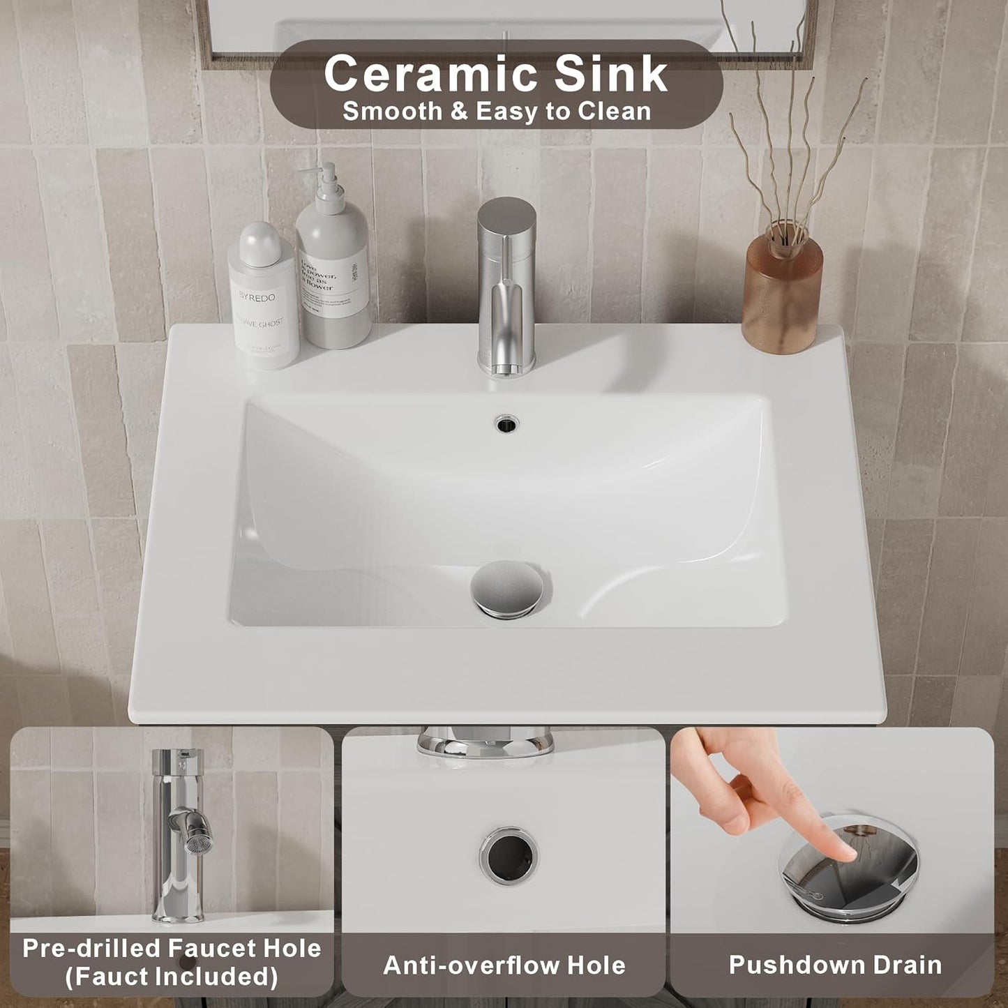 Bathroom Vanity with Ceramic Sink (24 Inch, Cabinet ONLY, Grey) - Image 4