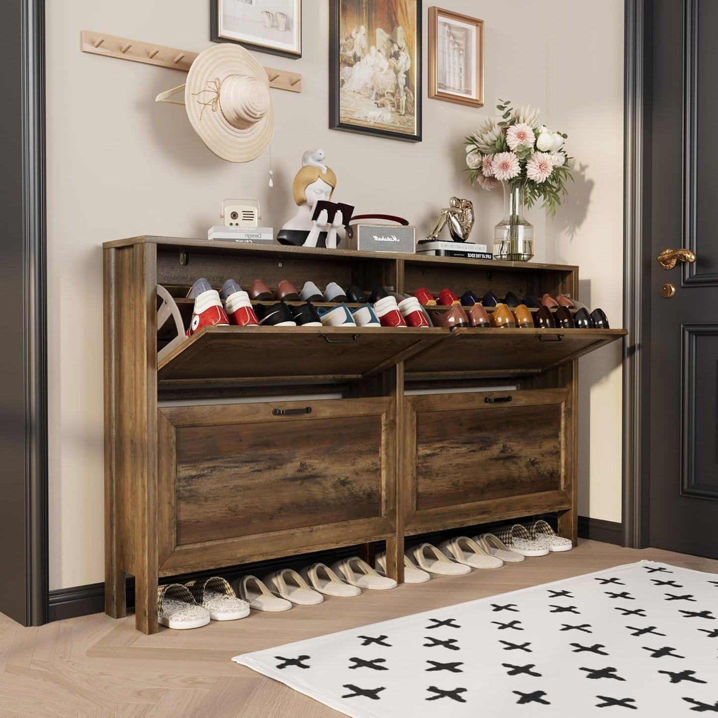 Shoe Cabinet with 4 Flip Drawers, Narrow Shoe Storage Cabinet - BROWN - Image 4