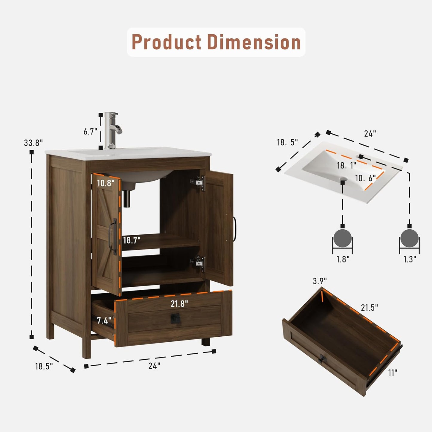 Bathroom Vanity with Ceramic Sink (24 Inch, Cabinet ONLY, Brown) - Image 2