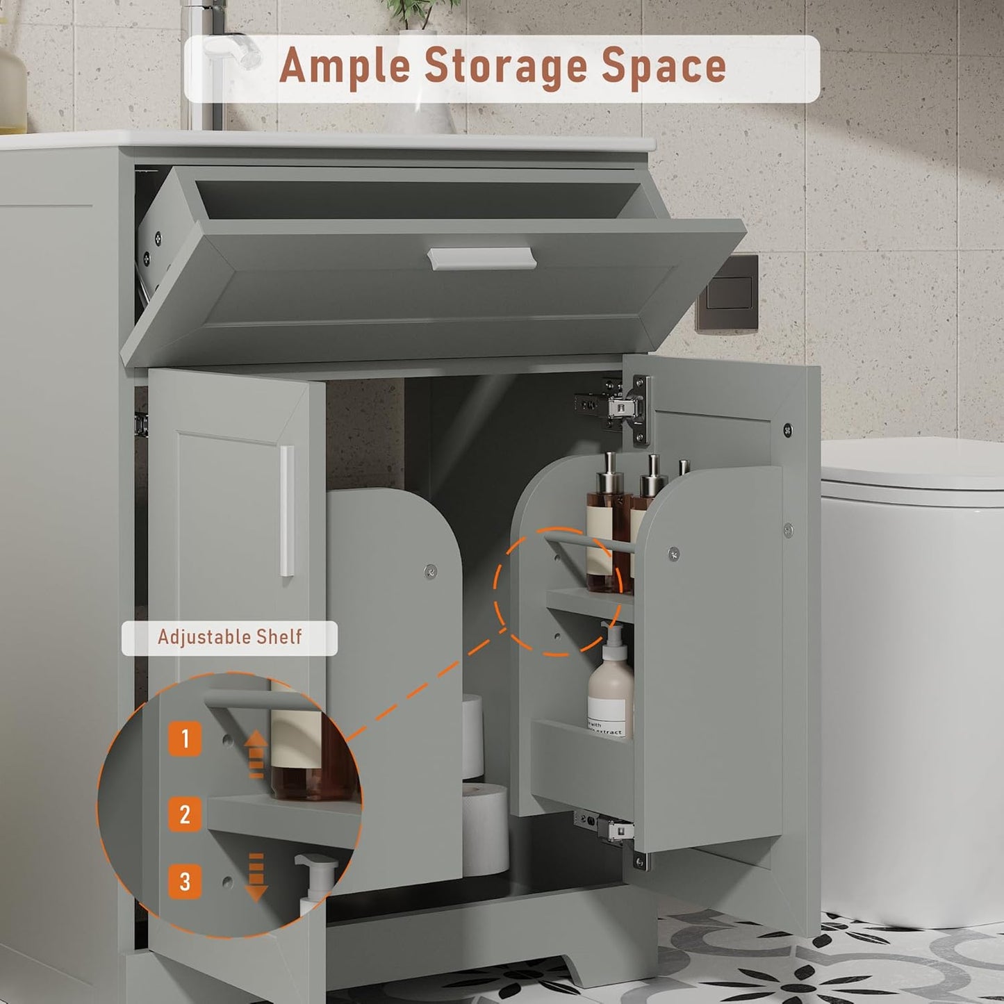 Bathroom Vanity with Ceramic Sink (24 Inch, Cabinet ONLY, Grey) - Image 5