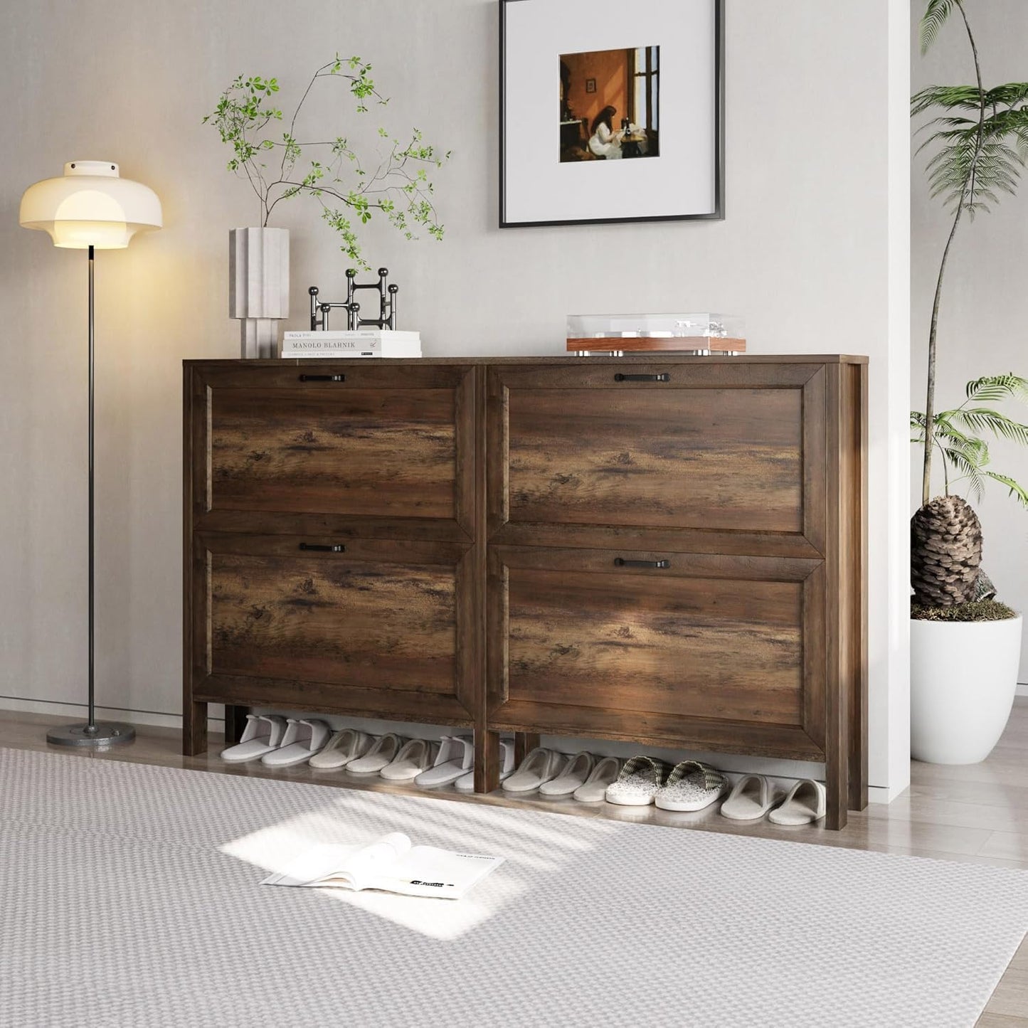 Shoe Cabinet with 4 Flip Drawers, Narrow Shoe Storage Cabinet - BROWN - Image 3
