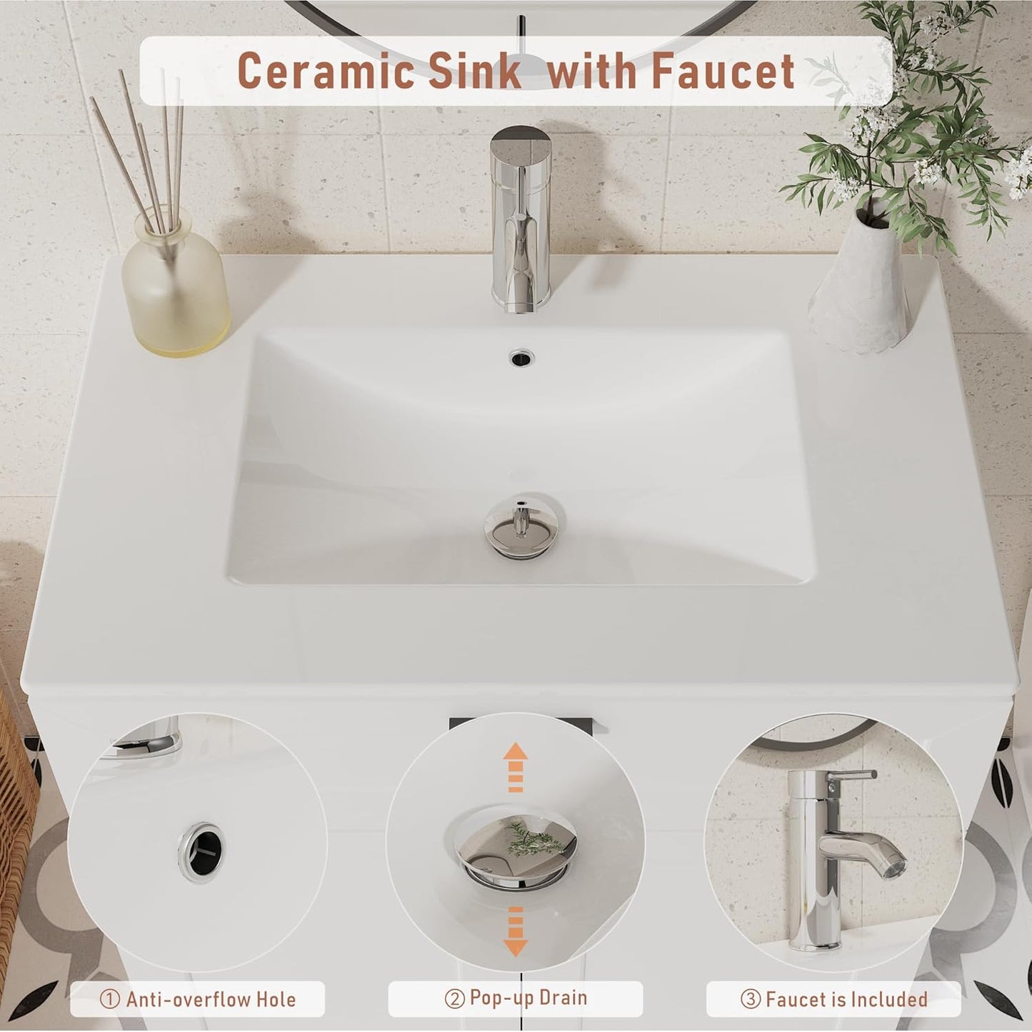 Bathroom Vanity with Ceramic Sink (30 Inch, Cabinet ONLY, White) - Image 6