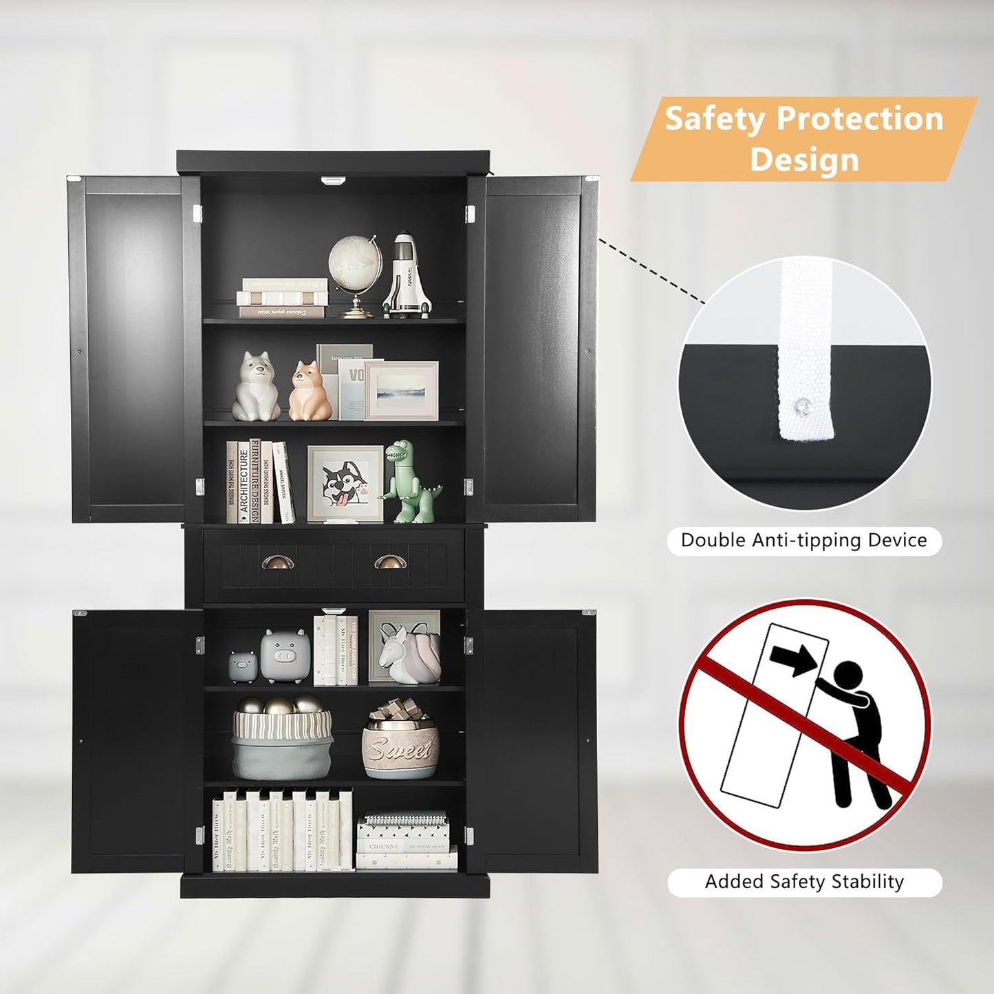 Tall Kitchen Pantry Cabinet, Farmhouse Storage Cabinet with Doors, Drawer and Adjustable Shelves - Image 4