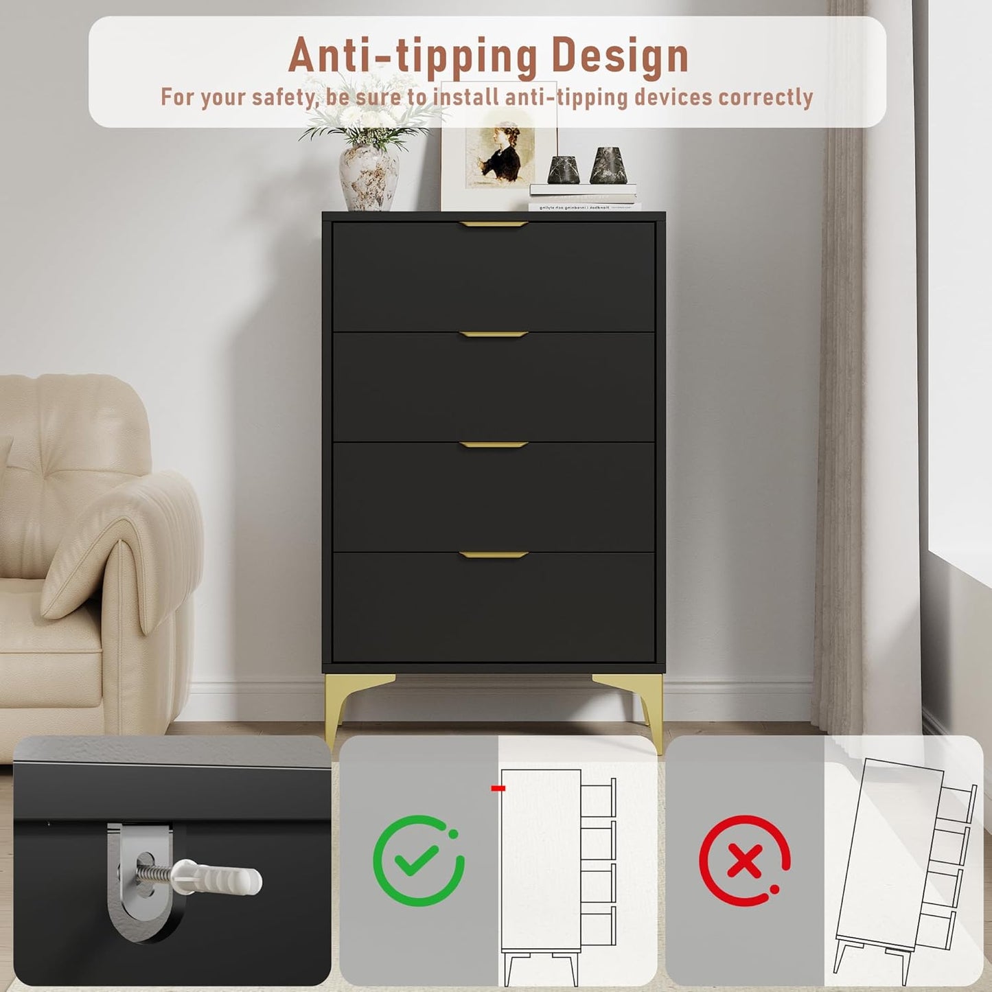 Dresser for Bedroom with 4 Drawers - Black - Image 5