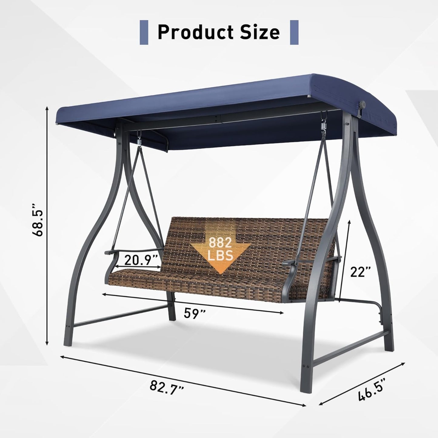 3 Seat Outdoor Porch Swing with Adjustable Canopy, PE Wicker Patio Swing Chair with Quick-Drying Foam Seat, 882 LBS Capacity - Image 4