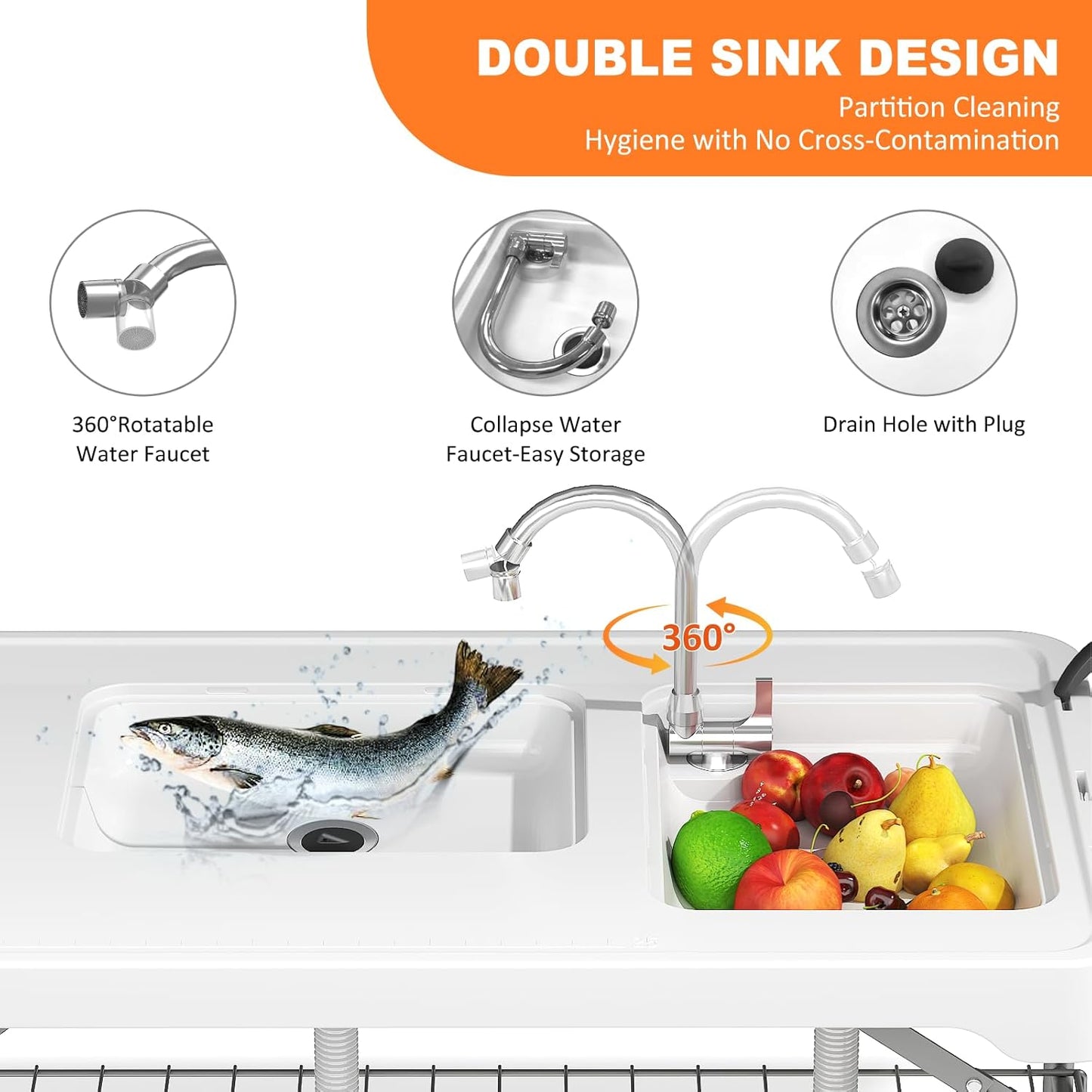 Folding Fish Cleaning Table with 2 Sinks, 42.5'' Portable Camping Sink Table - Image 3