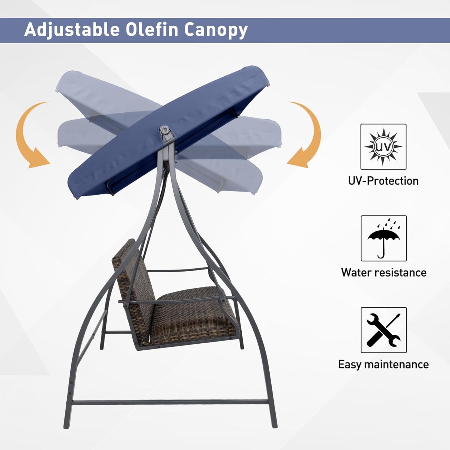 3 Seat Outdoor Porch Swing with Adjustable Canopy, PE Wicker Patio Swing Chair with Quick-Drying Foam Seat, 882 LBS Capacity - Image 5
