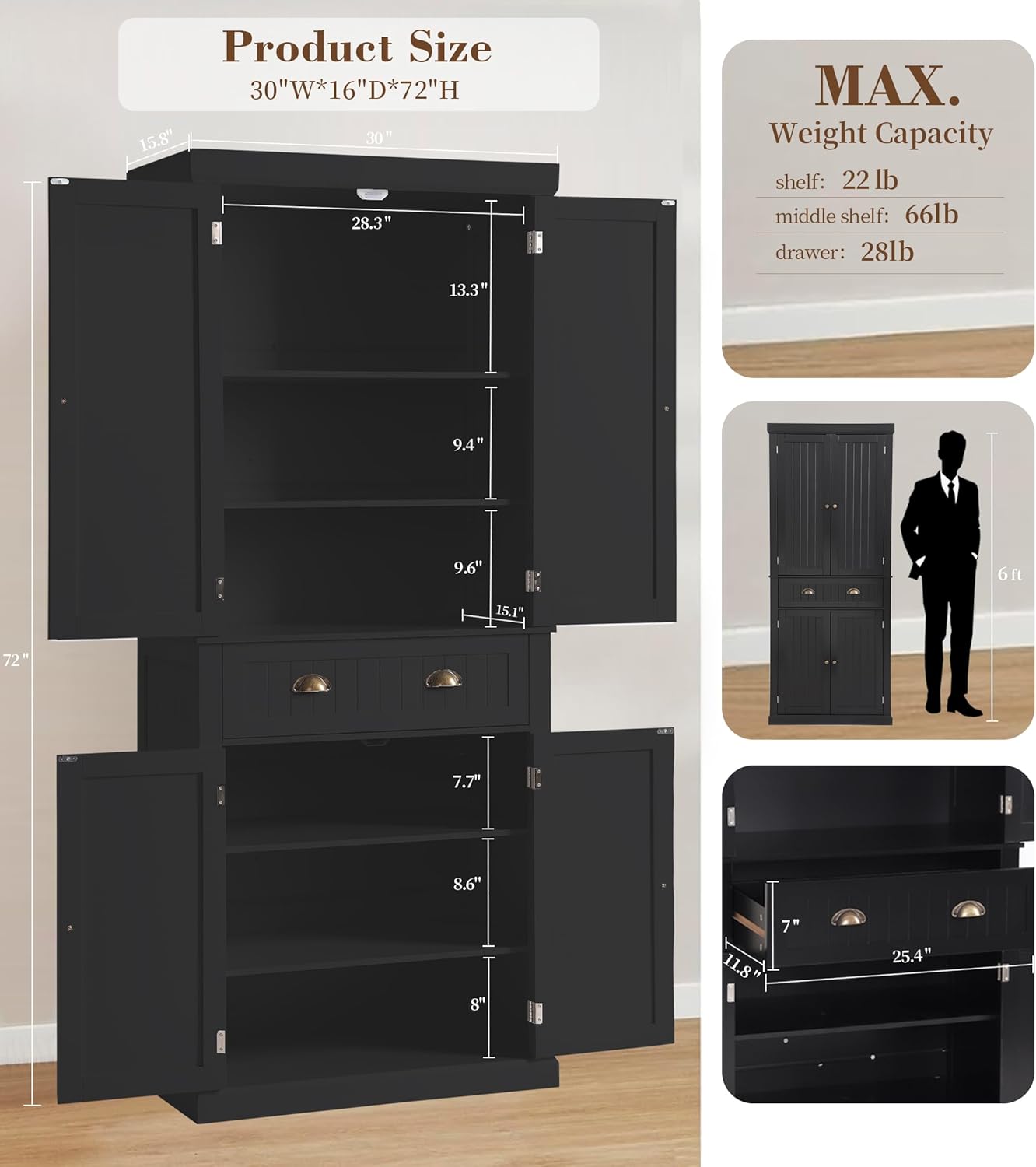 Tall Kitchen Pantry Cabinet, Farmhouse Storage Cabinet with Doors, Drawer and Adjustable Shelves - Image 3