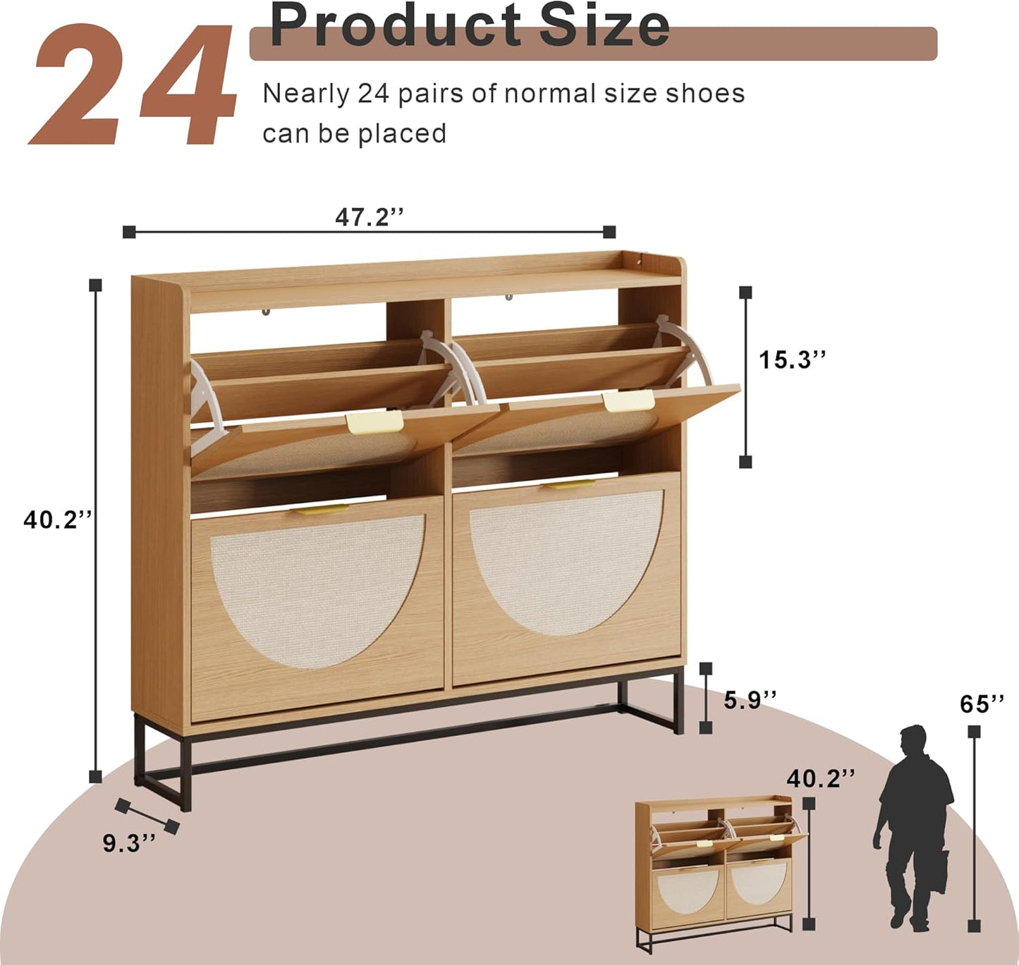 Narrow Shoe Storage Cabinet (Rattan, 4 Flip) - Image 2