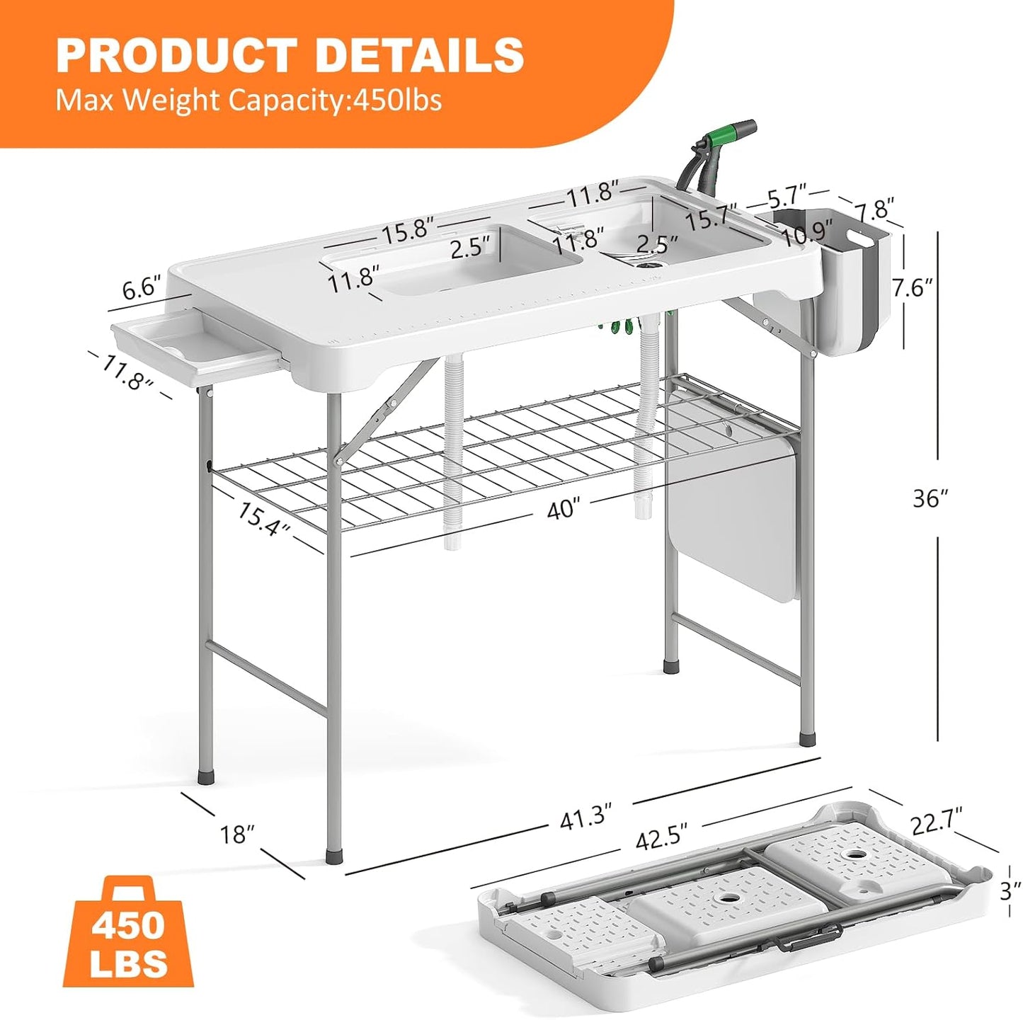 Folding Fish Cleaning Table with 2 Sinks, 42.5'' Portable Camping Sink Table - Image 2
