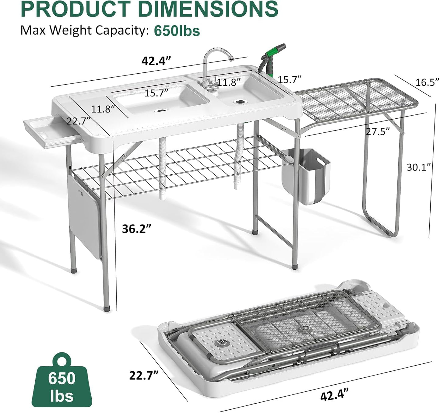 42.5" Fish Cleaning Table with Dual Sink, Portable Folding Camping Table - Image 2