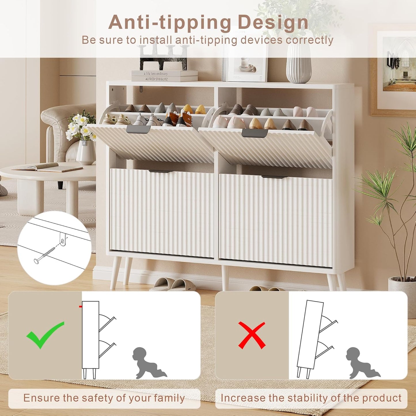 Narrow Shoe Storage Cabinet, Freestanding Shoe Cabinet Organizer for Entryway, Hallway (Pure White, 4 Flip) - Image 8