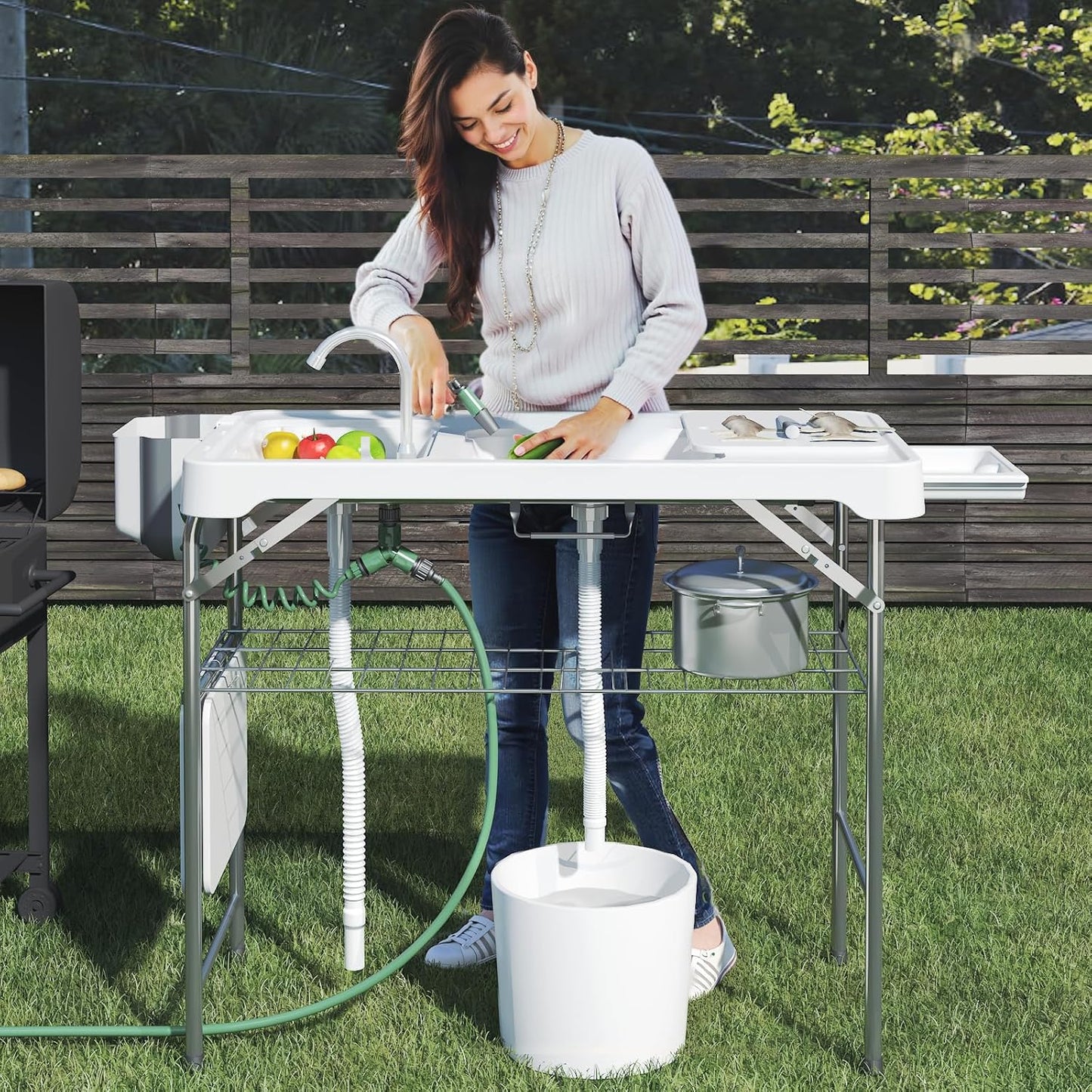 42.5" Fish Cleaning Table with Dual Sink, Portable Folding Camping Table - Image 1