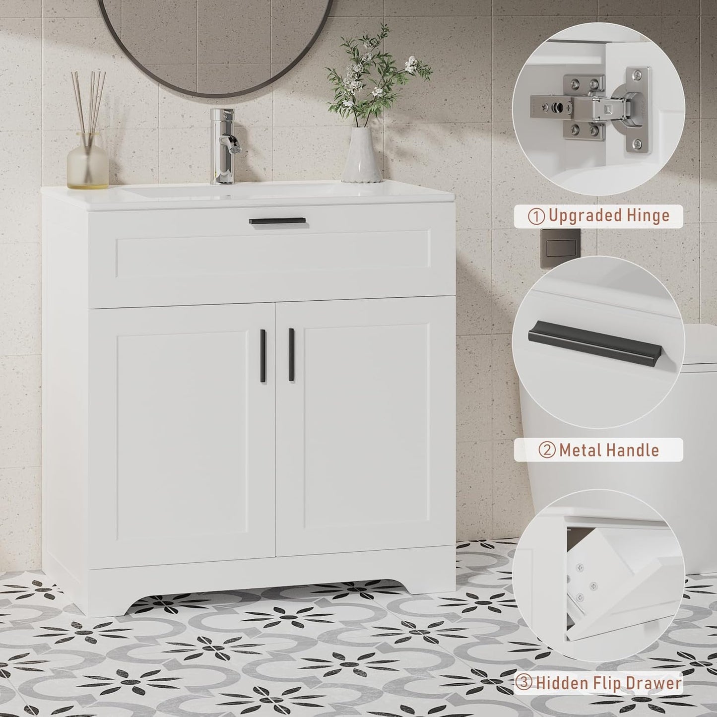 Bathroom Vanity with Ceramic Sink (30 Inch, Cabinet ONLY, White) - Image 7