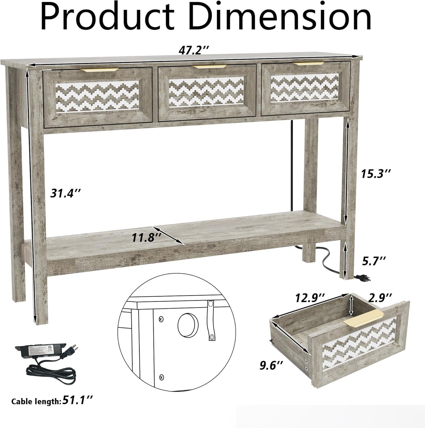 Entryway Table with 3 Drawers (Grey) - Image 3