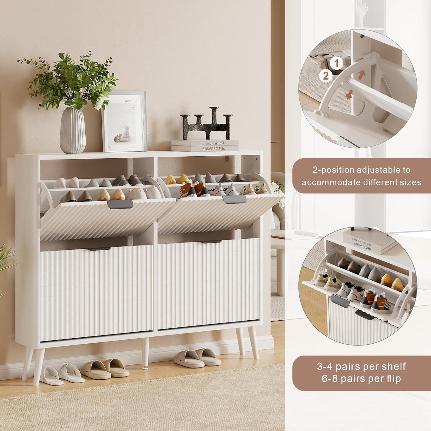 Narrow Shoe Storage Cabinet, Freestanding Shoe Cabinet Organizer for Entryway, Hallway (Pure White, 4 Flip) - Image 5