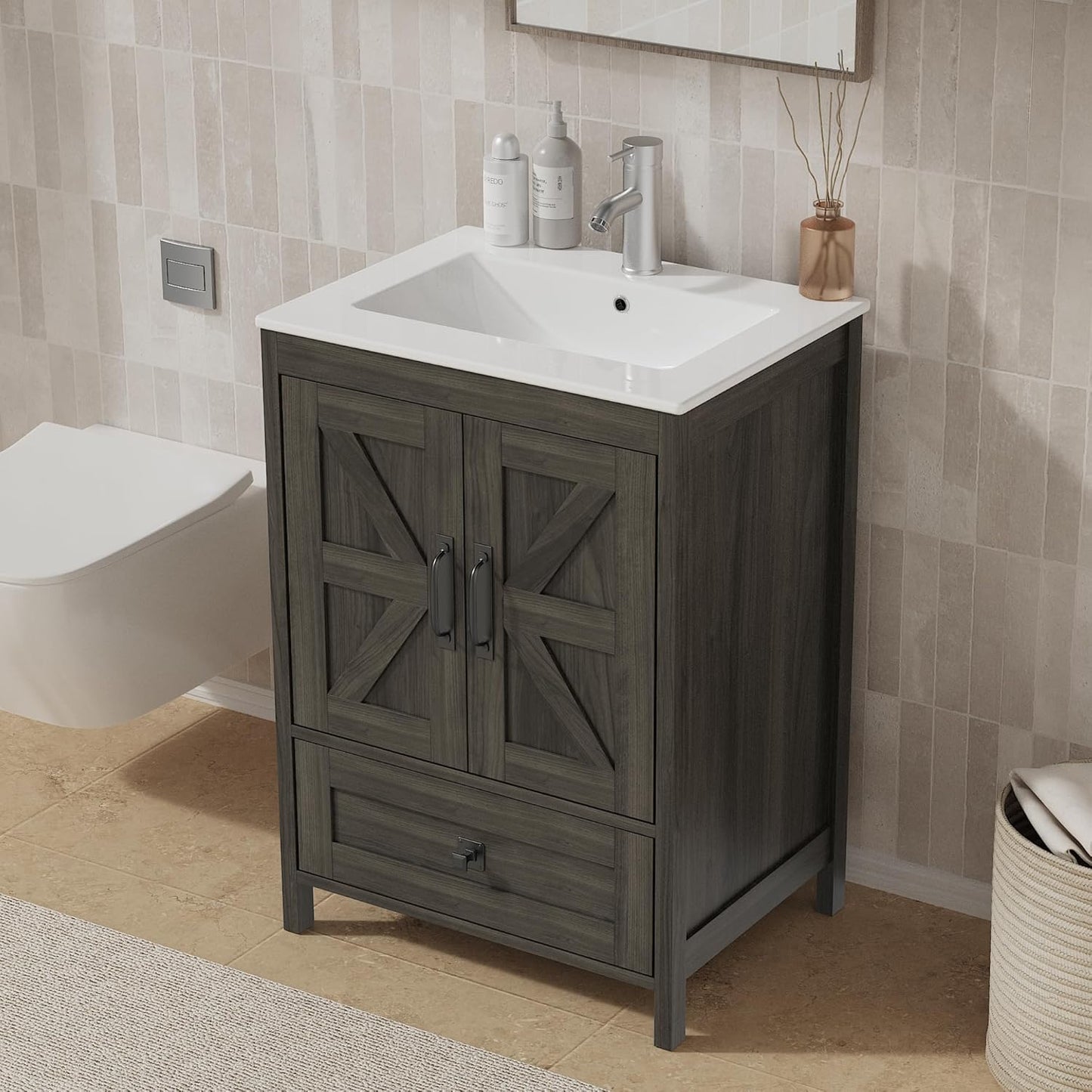 Bathroom Vanity with Ceramic Sink (24 Inch, Cabinet ONLY, Grey) - Image 1