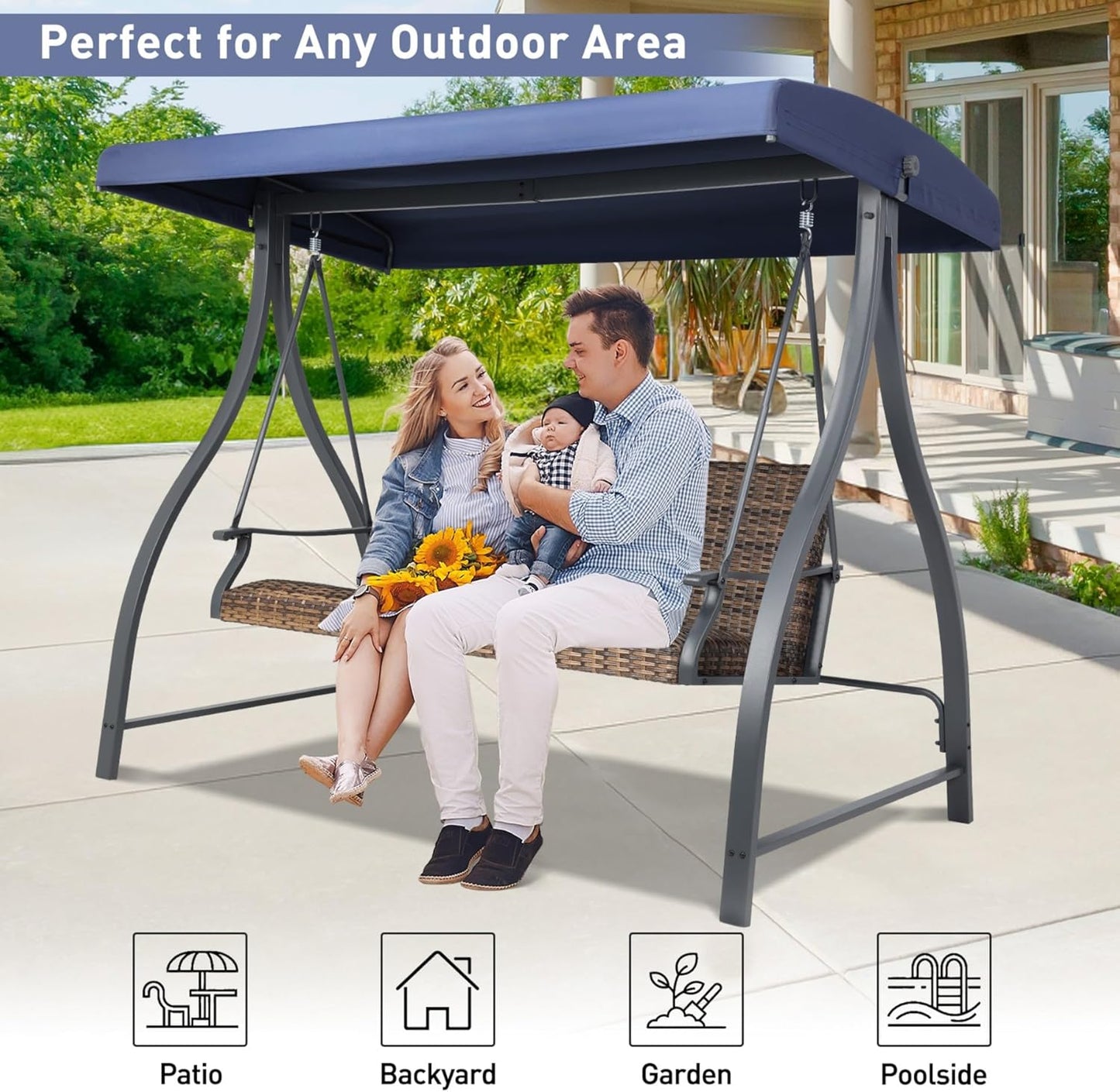 3 Seat Outdoor Porch Swing with Adjustable Canopy, PE Wicker Patio Swing Chair with Quick-Drying Foam Seat, 882 LBS Capacity - Image 8