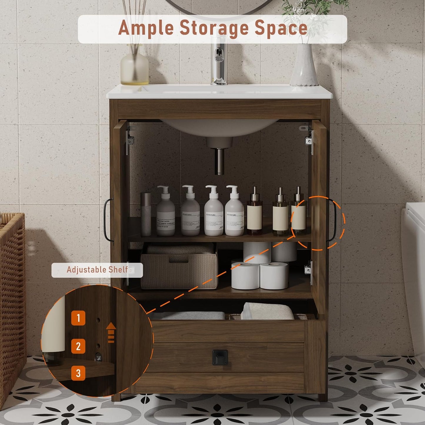 Bathroom Vanity with Ceramic Sink (24 Inch, Cabinet ONLY, Brown) - Image 4