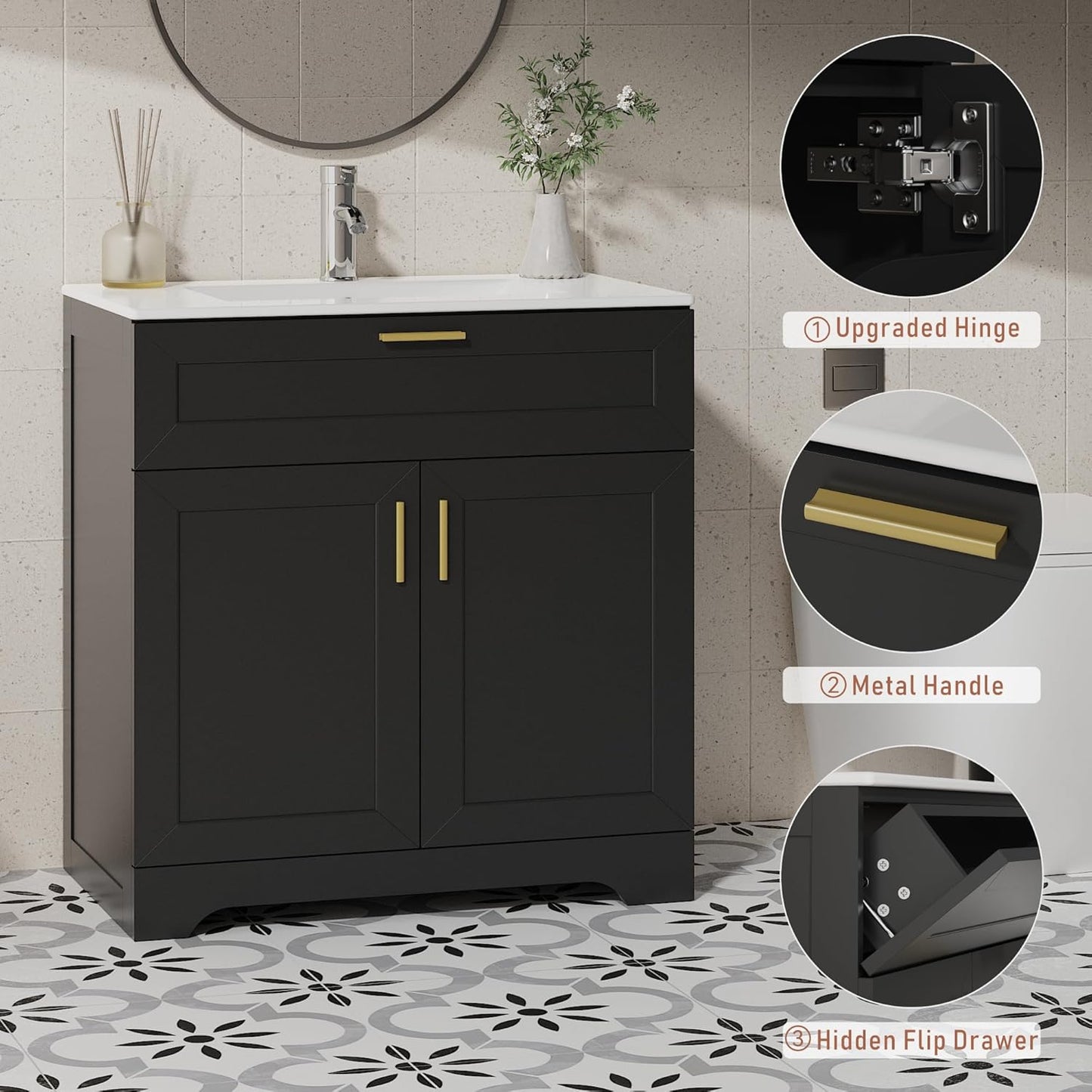 Bathroom Vanity with Ceramic Sink (30 Inch, Cabinet ONLY, Black) - Image 5