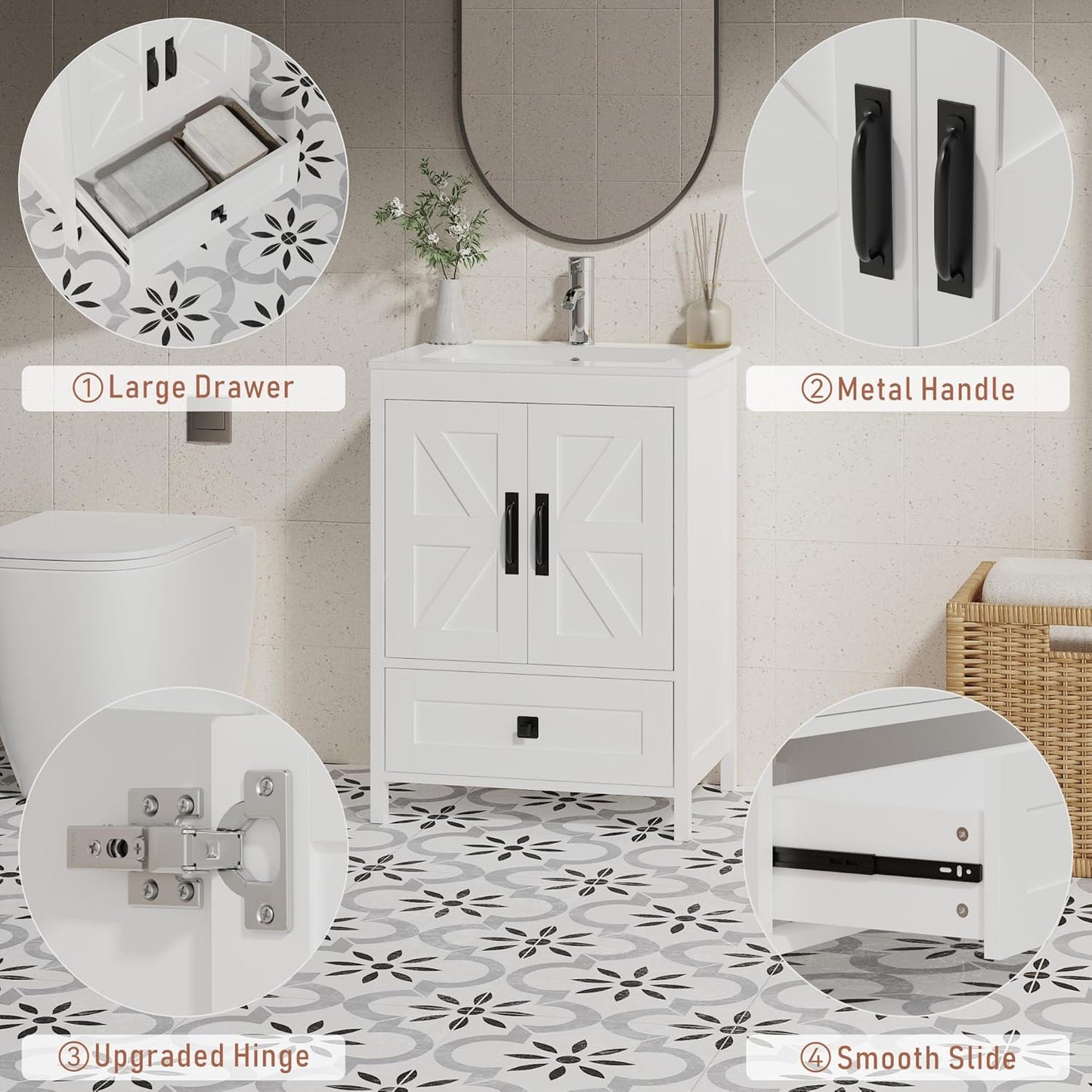 Bathroom Vanity with Ceramic Sink (24 Inch, Cabinet ONLY, White) - Image 6